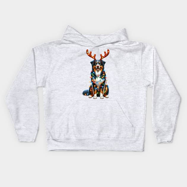 Christmas Red Nose Australian Shepherd Dog Kids Hoodie by Chromatic Fusion Studio